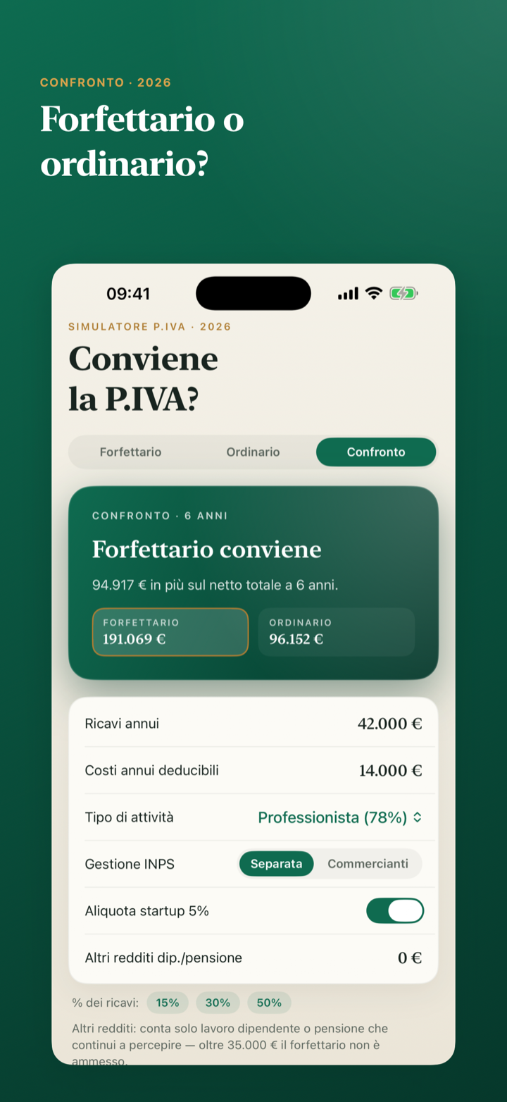 Schermata dell'app: confronto fra regime forfettario e ordinario.